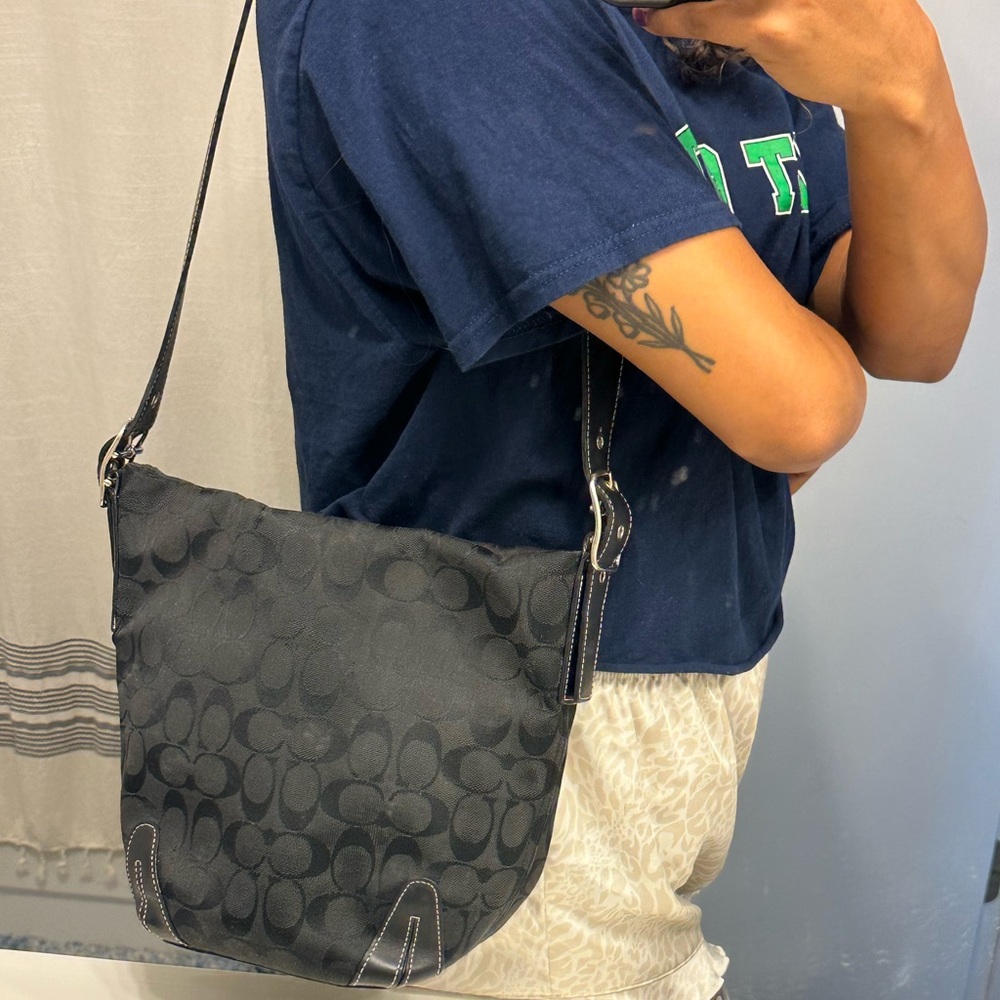 Coach Black Leather Signature Jacquard Pattern Shoulder Bag w/ Silver Hardware